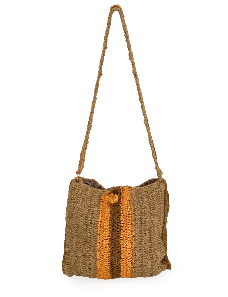 Front view of Rustic Brown and Amber handmade crochet shoulder bag.