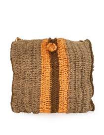 Detail of the amber stripe and crochet button closure on the rustic bag.