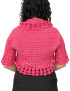 Rear view of pink handmade crochet shrug showing detailed stitch pattern.
