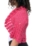 Profile view of the pink crochet shrug highlighting the flared sleeve design.