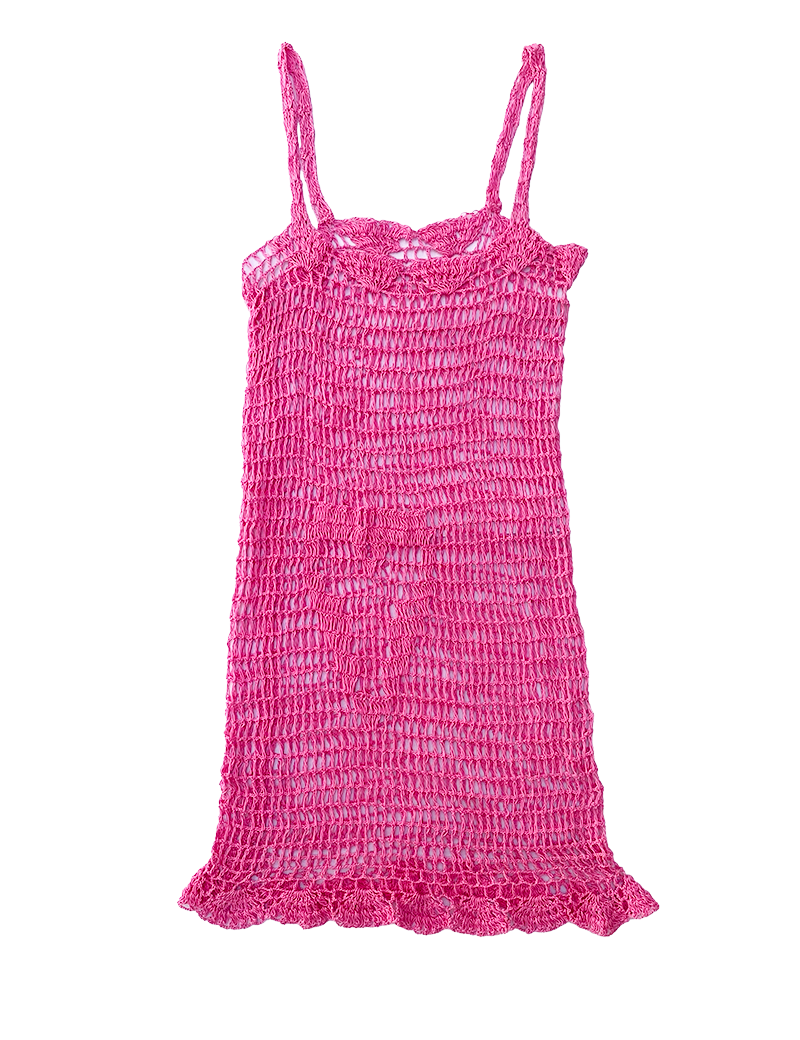 Full-length Pink Meadow handmade crochet summer dress for women.