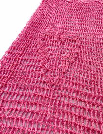Close-up of intricate pink crochet knit pattern and soft yarn texture.
