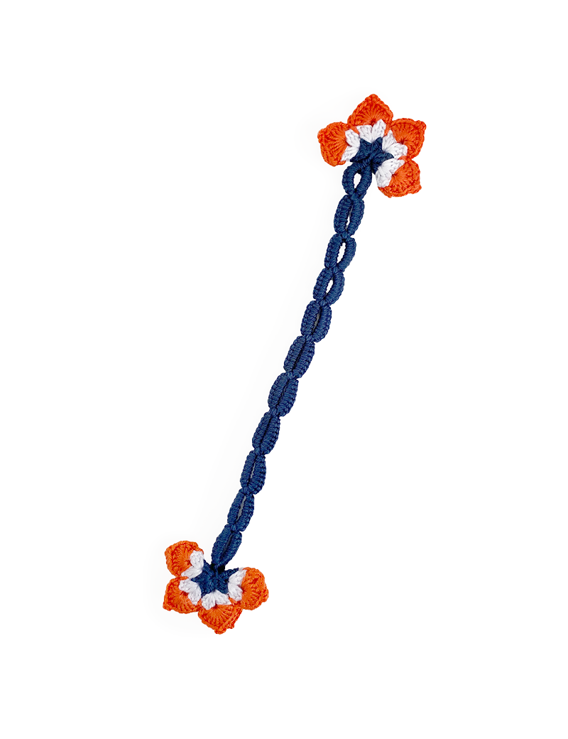 Full view of a handmade blue and orange crochet floral bookmark on a white background.