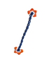Full view of a handmade blue and orange crochet floral bookmark on a white background.