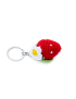 Detailed side view of strawberry crochet keychain showing intricate knit texture and green leaves.
