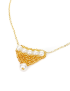 Detailed view of handmade golden triangular beadwork and white pearl pendant.