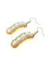 Matching golden beaded drop earrings with white pearls and hypoallergenic hooks.