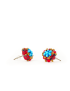 Pair of handmade ruby-red and turquoise beaded stud earrings for gift delivery in Syria.