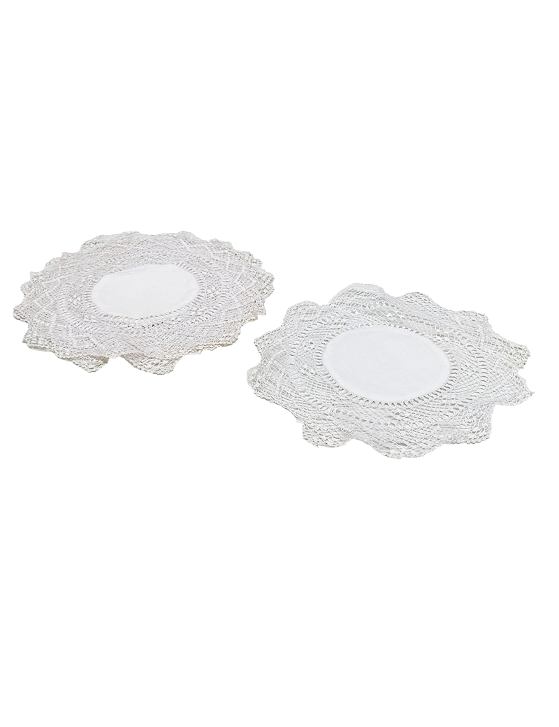 Pair of handmade white lace needle-work coasters for home décor Syria.