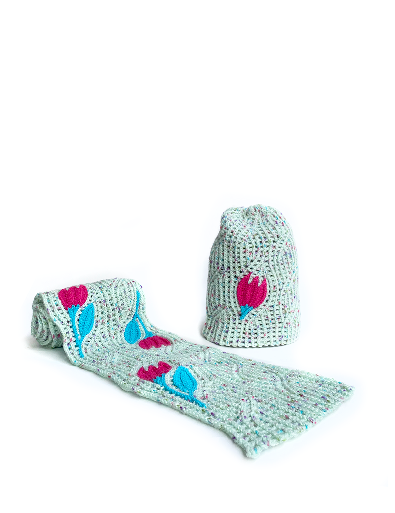 Display of the coordinated pistachio crochet winter set for women in Syria.