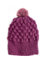 Full view of purple handmade wool hat with pompom