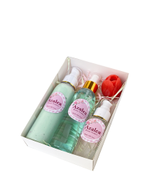 Azalea beauty gift set with Ralph body splash, lotion, and hyaluronic acid serum in a white gift box.