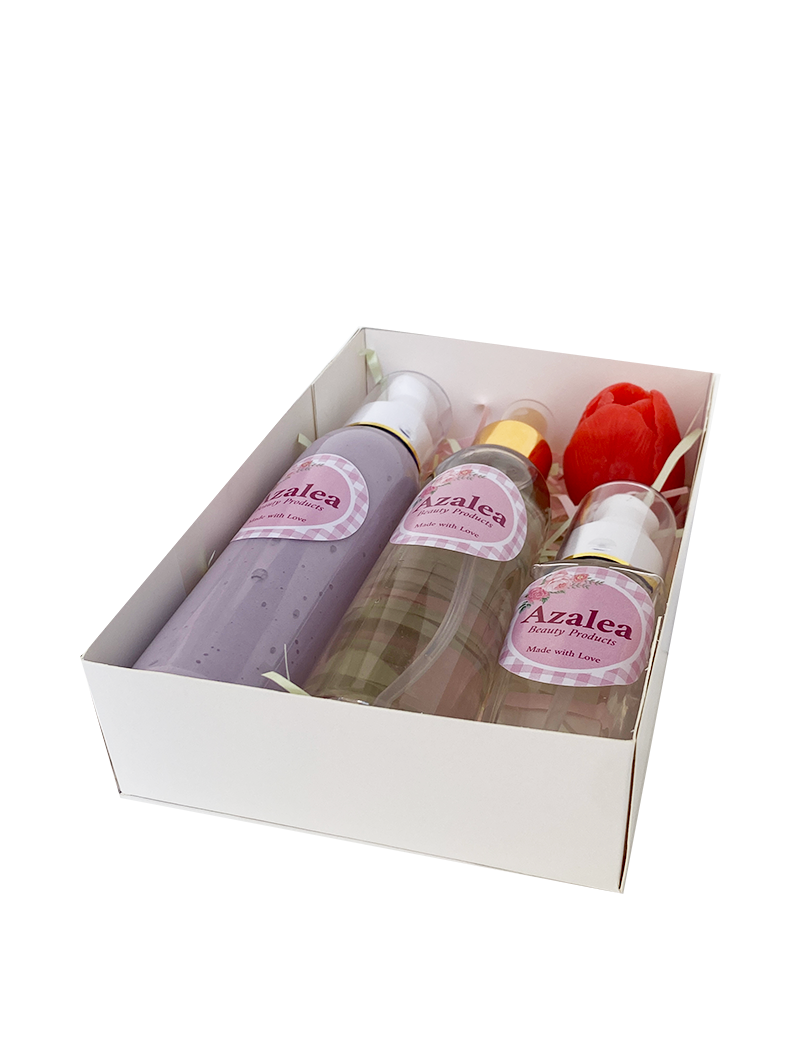 Azalea Love is Heavenly skincare gift set with purple lotion, clear splash, and serum in a white box.