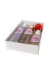 Azalea Love is Heavenly skincare gift set with purple lotion, clear splash, and serum in a white box.