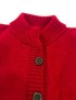 Closeup to handmade red knitted cardigan for girls with buttons and ribbed collar.