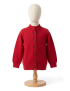 Handmade red knitted cardigan for girls with buttons and ribbed collar.