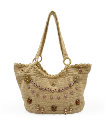 Handmade beige jute handbag featuring boho beadwork, floral details, and wooden ring handles.