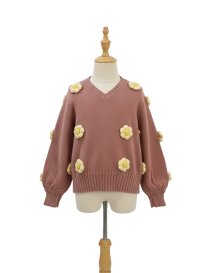 Girls' dusty pink knitted V-neck sweater with white and yellow 3D flowers.