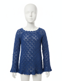 Girls' royal blue long-sleeve crochet dress with flared sleeves and scallop pattern.