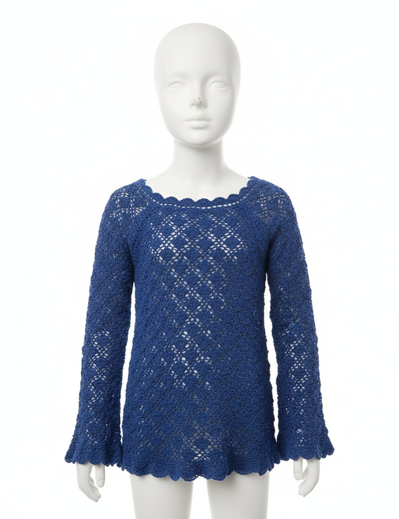 Girls' royal blue long-sleeve crochet dress with flared sleeves and scallop pattern.