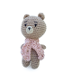 Hand-crocheted beige amigurumi teddy bear wearing a pink knit scarf.