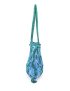 Teal and lavender mesh crochet bag with fabric lining and long shoulder straps.