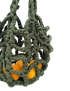 Dark olive green handmade crochet mesh market bag filled with oranges.