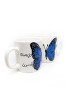 Pair of white ceramic mugs with a blue butterfly design and Arabic calligraphy.