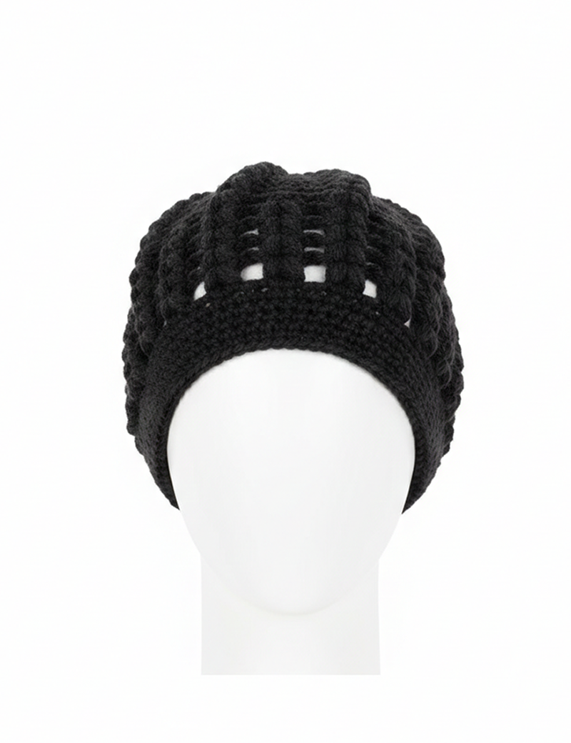 AI generated photo of handmade black crochet beanie with a thick ribbed texture displayed on a white head mannequin.