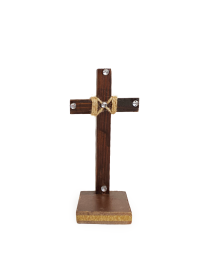 Standing handmade rustic wooden cross with twine and rhinestones.