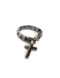 Hematite beaded stretch bracelet with cross charm