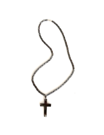 Long hematite cylinder bead necklace with cross pendant