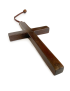 Perspective view of a dark-stained beech wood cross on a white background.