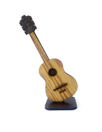 Miniature wooden acoustic guitar on stand