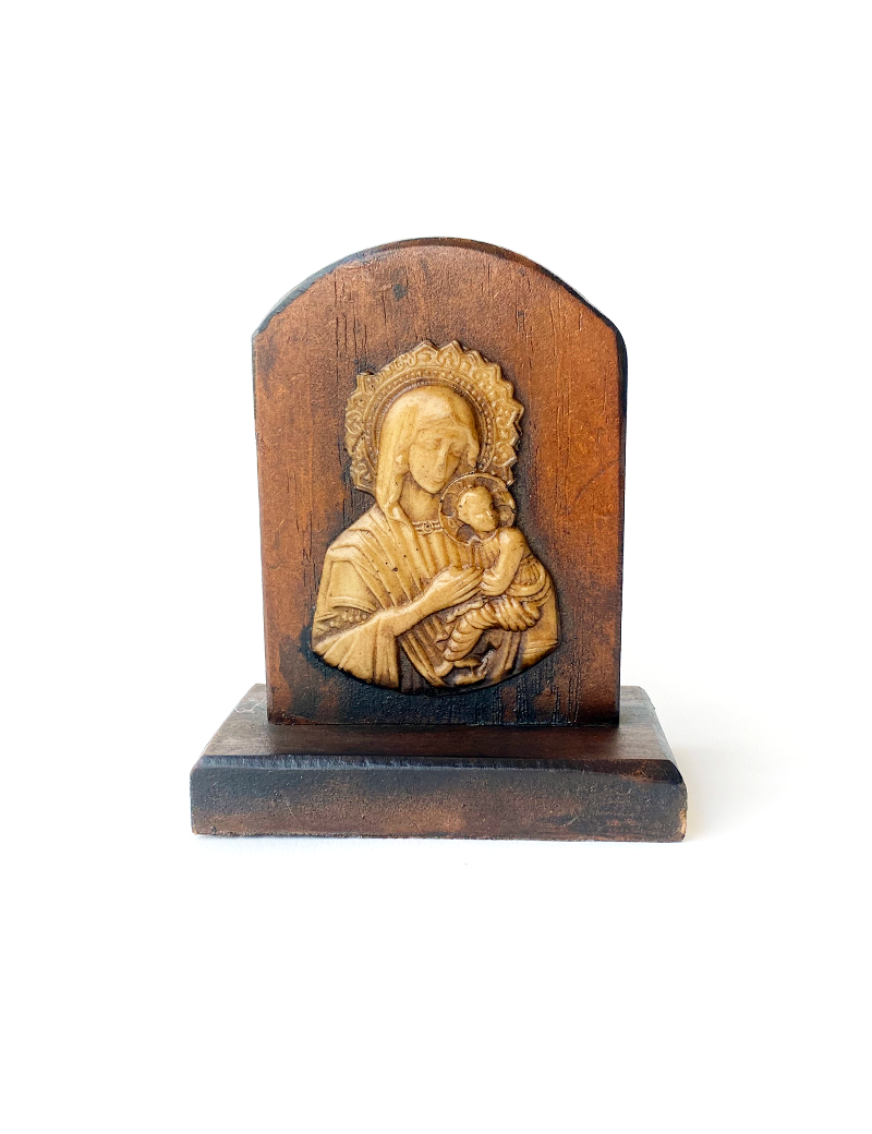 Front view of Virgin Mary and Child wood plaque statue