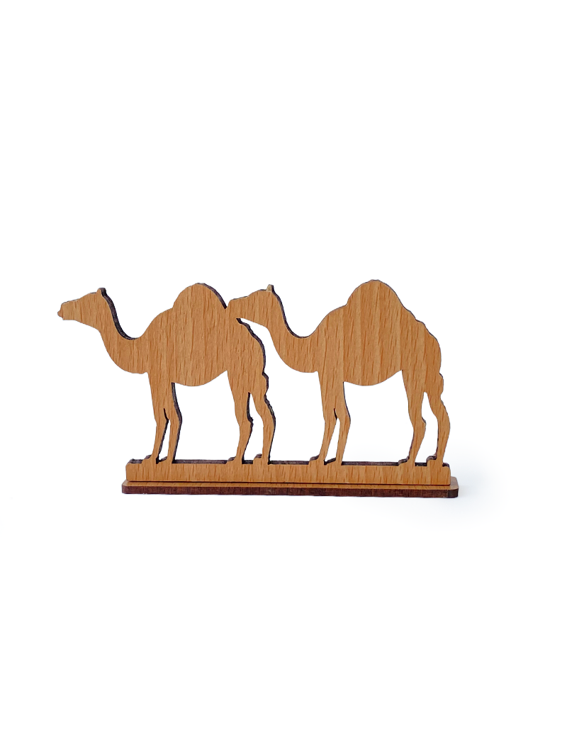 Decorative wooden camel statue for home office shelf decor.
