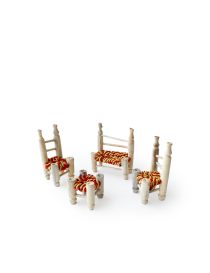 Handcrafted miniature wooden chair with red and yellow weave.