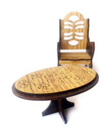 Miniature wooden oval table and two ribbed high-back chairs.