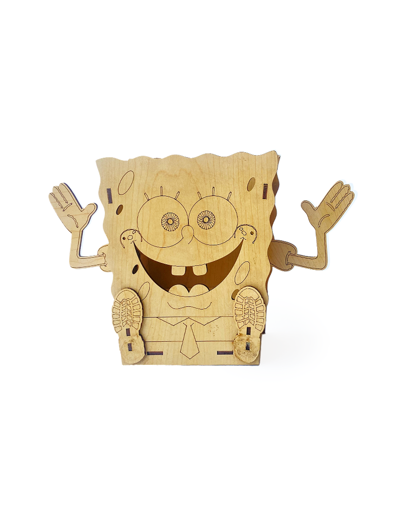 Front view of natural birch SpongeBob wooden organizer.