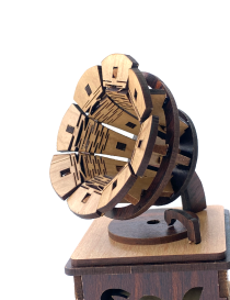 Close-up of laser-cut wooden gramophone horn