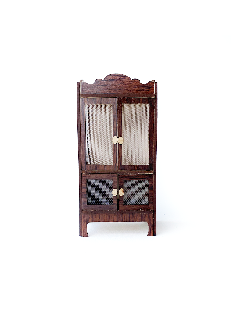 Front view of handcrafted wooden pantry miniature.