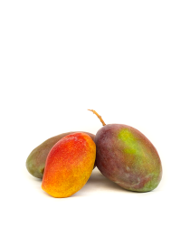 Three ripe Syrian Egyptian mangoes with red and green skins on a white background.