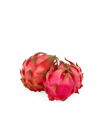 Two fresh red Syrian dragon fruits on a white background.