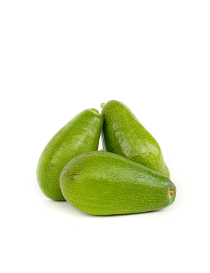 Three fresh green Australian variety avocados grown in Syria on a white background.