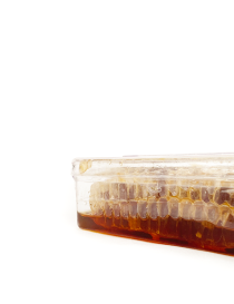 Close-up of honey-filled beeswax cells from Syrian mountain plants.