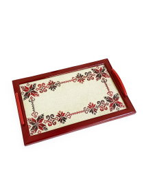 Top-down view of the 36x20 cm handmade embroidery tray with red handles.