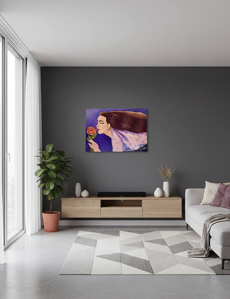 Hand-painted "Dreamy Woman" canvas art displayed on a charcoal grey wall in a modern, minimalist living room.