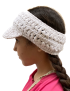 Side profile of a young woman wearing a white handmade crochet sun visor.