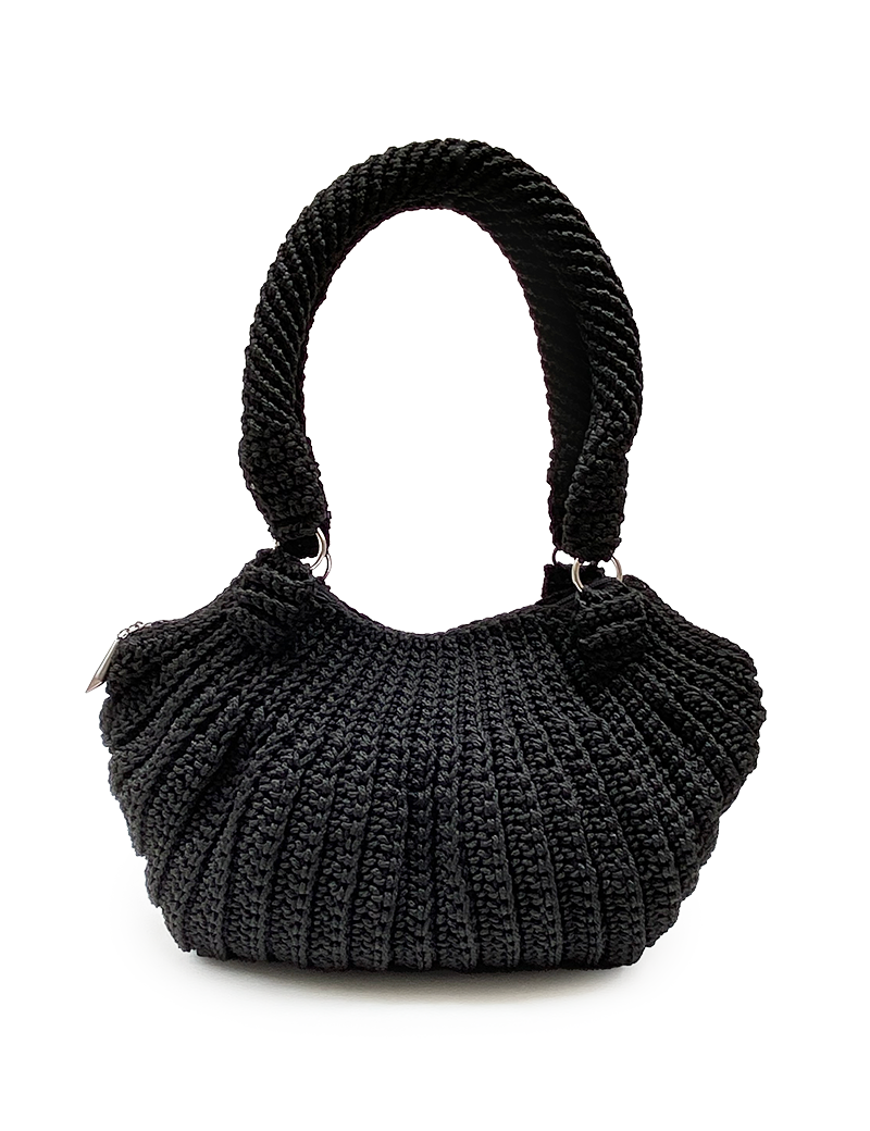 Front view of a handmade black crochet handbag with ribbed texture.