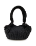 Front view of a handmade black crochet handbag with ribbed texture.